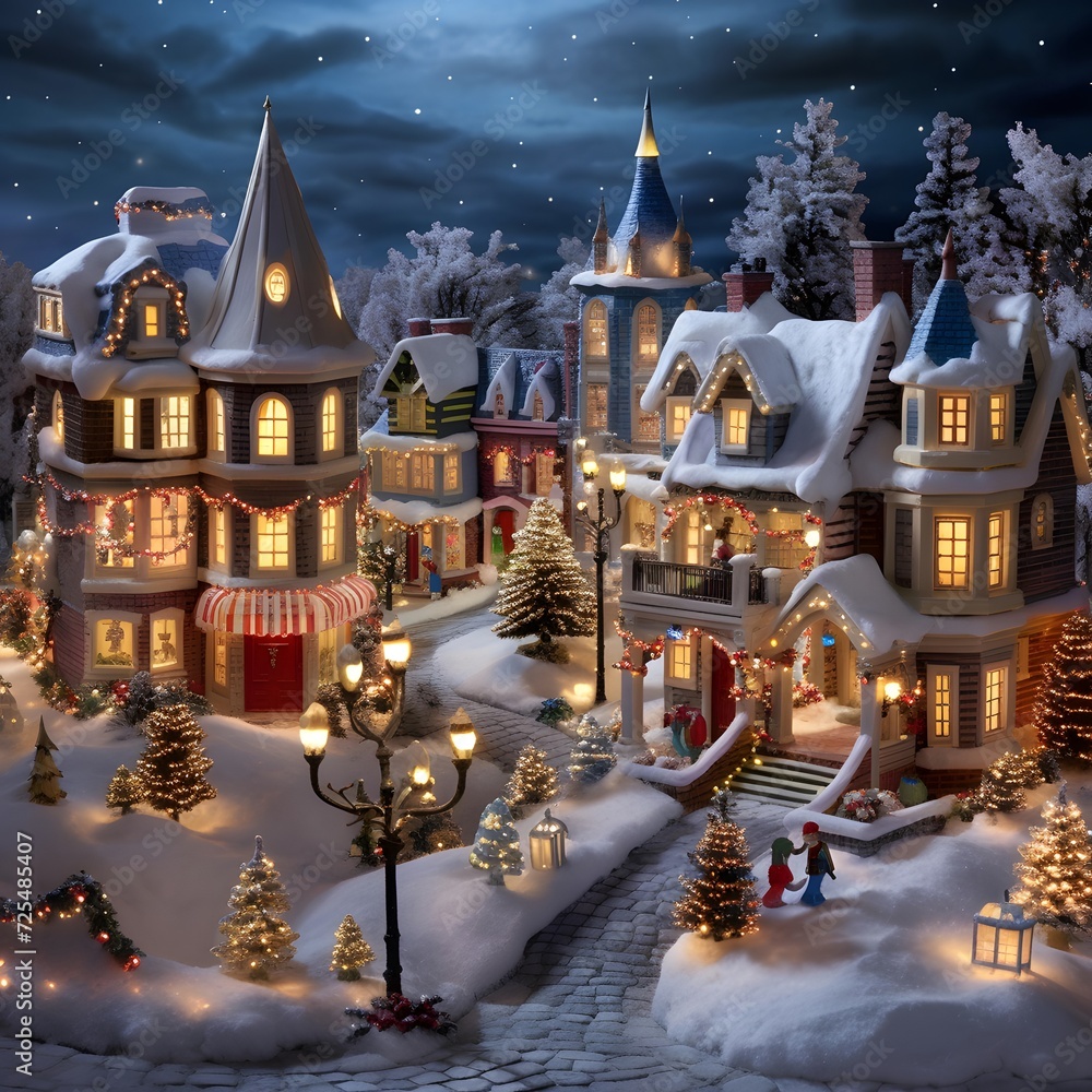 Winter village at night. Christmas scene with houses in the snow.