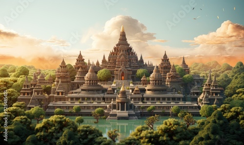 Fantasy landscape with ancient temple and cloudy sky. 3D rendering, Generate an image that unveils the ethereal beauty, AI Generated photo