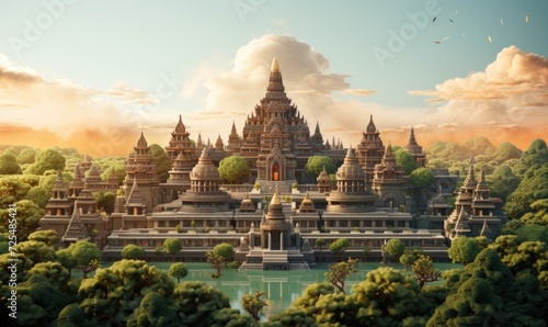Fantasy landscape with ancient temple and cloudy sky. 3D rendering, Generate an image that unveils the ethereal beauty, AI Generated