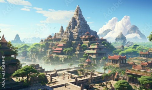 Fantasy landscape with ancient temple and cloudy sky. 3D rendering  Generate an image that unveils the ethereal beauty  AI Generated