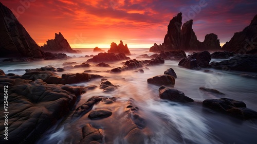 Beautiful panoramic seascape of rocks in the sea at sunset © Michelle