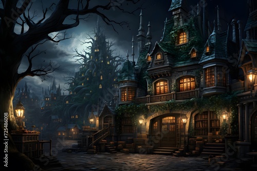 Halloween background with haunted house and trees. 3D rendering. © Michelle