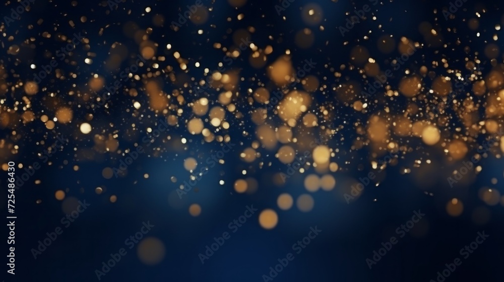 Golden christmas light bokeh on navy blue background: abstract dark blue and gold particle backdrop with festive glow