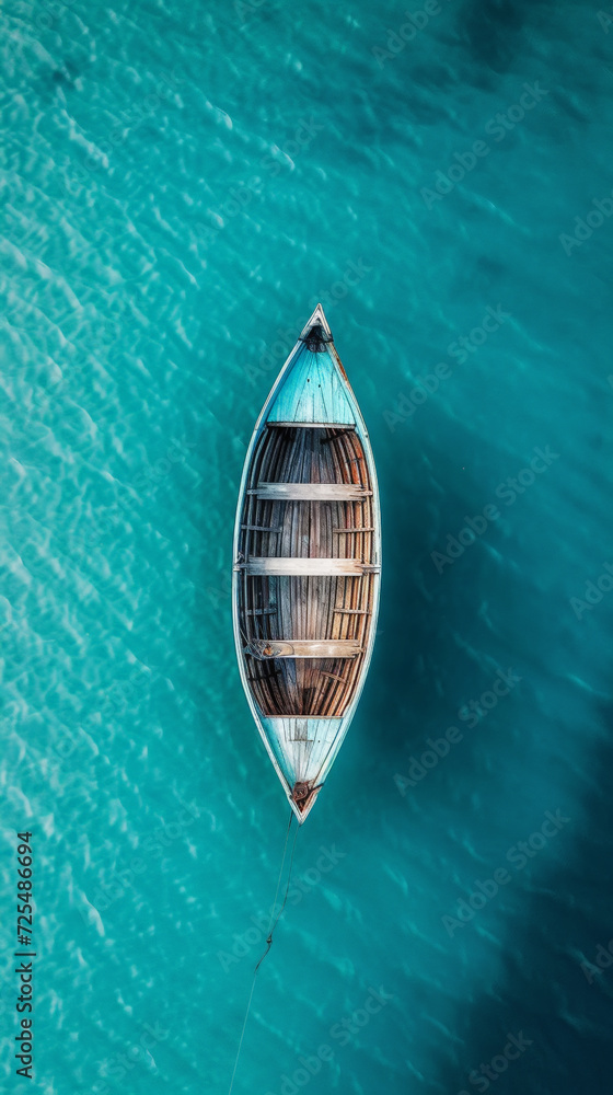 Top view of a retro fishing boat in blue clear ocean. Shade from the sun's rays. Ocean still life concept. Generative AI Top view of a retro fishing boat in blue clear ocean. Shade from the sun's rays. Ocean still life concept. Generative AI