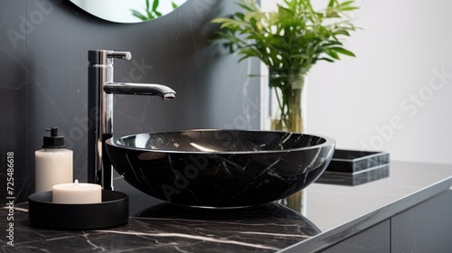 Stylish black marble round vessel sink and chrome faucet. Minimalist interior design of modern bathroom © Usman
