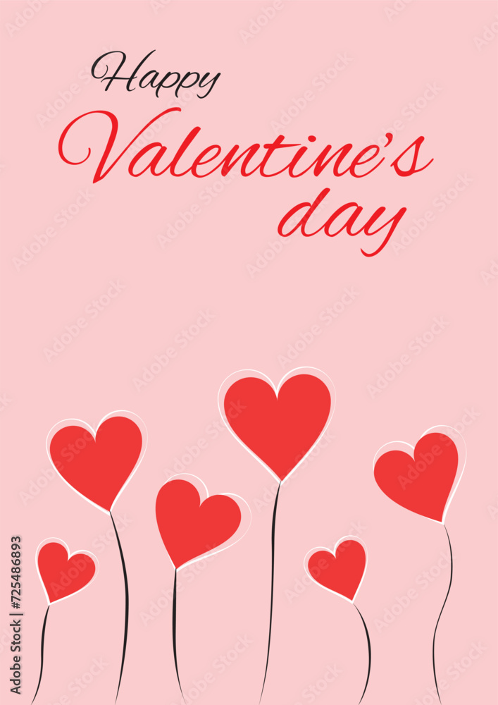 Vector illustration pink color Valentines day greeting card with text at the top and heart shapes as plants