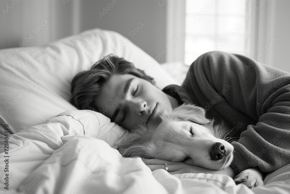 At home, a young man and his adorable dog share a heartwarming moment of rest in a comfortable white bed, depicting companionship and tranquility At home, a young man and his adorable dog share a heartwarming moment of rest in a comfortable white bed, depicting companionship and tranquility