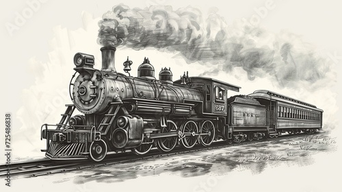 Vintage steam train locomotive, engraving style vector illustration photo