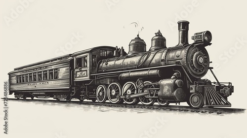 Vintage steam train locomotive, engraving style vector illustration