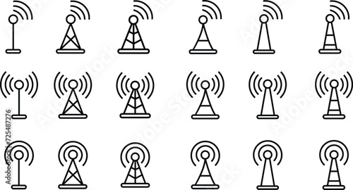 Antenna line icon set. Radio antenna black linear vector isolated on transparent background. Radio tower. Communication towers outline collection. Transmitter receiver wireless signal. Easily editable