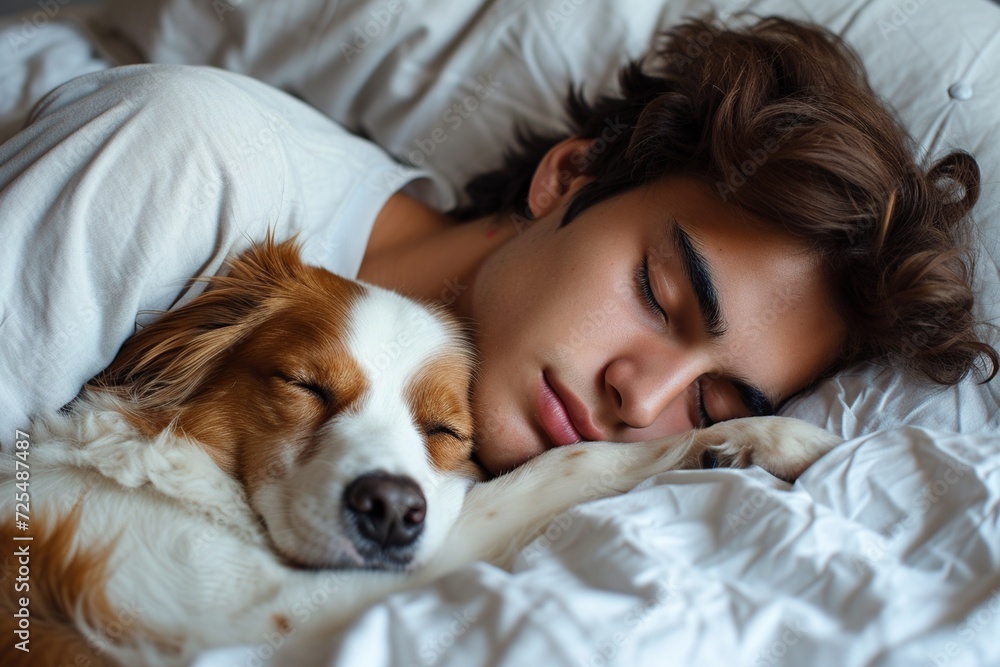 At home, a young man and his adorable dog share a heartwarming moment of rest in a comfortable white bed, depicting companionship and tranquility At home, a young man and his adorable dog share a heartwarming moment of rest in a comfortable white bed, depicting companionship and tranquility