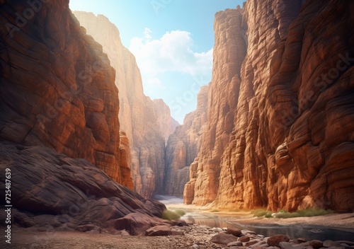 A serene desert canyon with towering rock formations