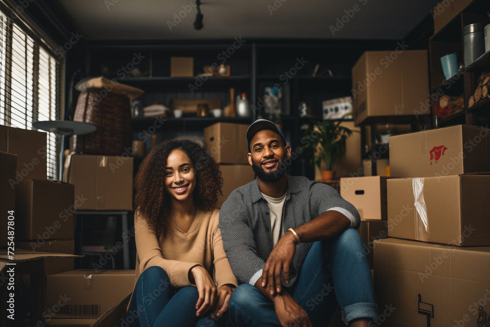 Black couple in the living room of their new house after moving in, surrounded by open moving boxes Black couple in the living room of their new house after moving in, surrounded by open moving boxes