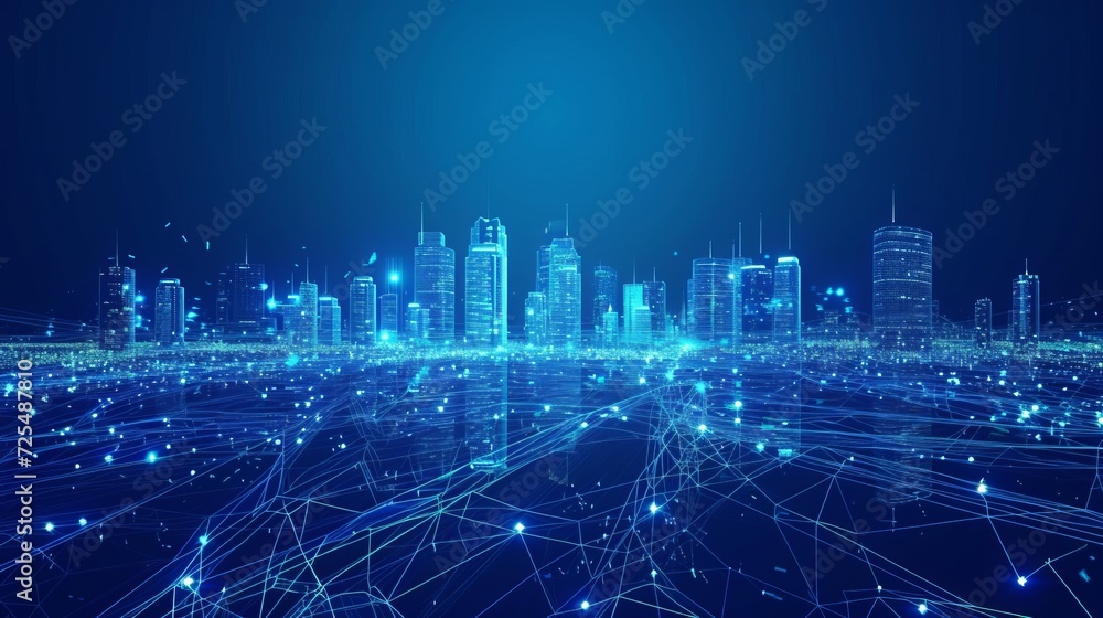 Wireframe landscape with Smart city. Technology background blue in low poly style. Data security 3d vector background. Global social network connection.    - obrazy, fototapety, plakaty 