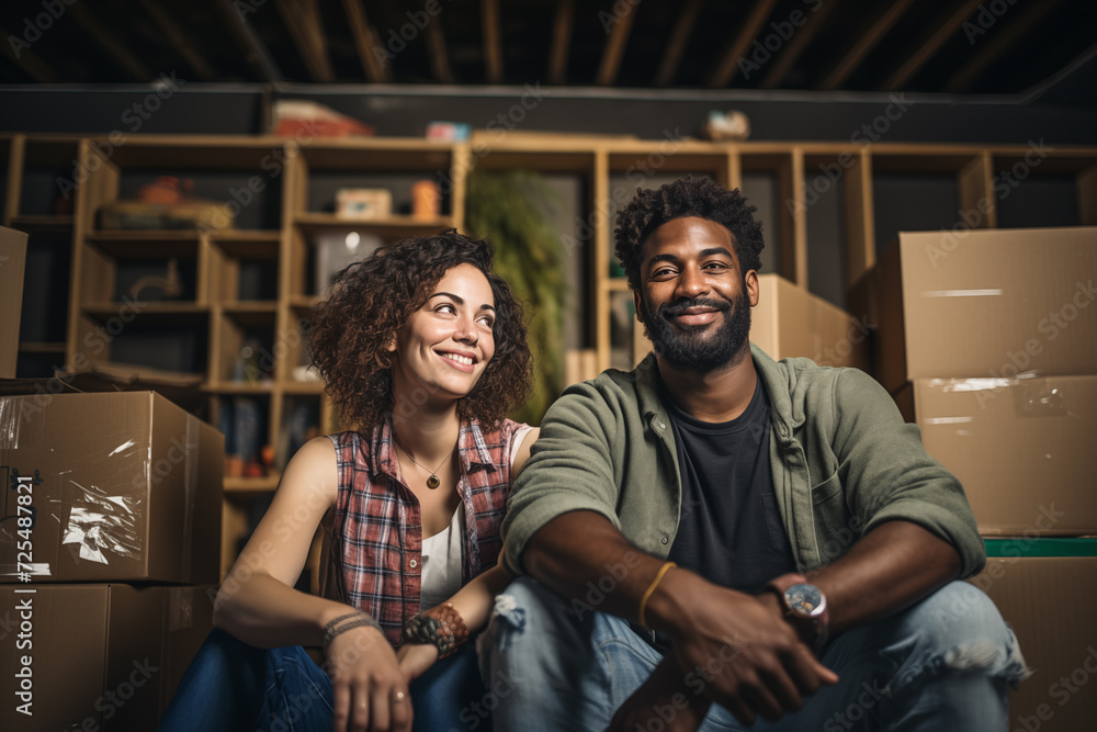 Fototapeta premium Black couple in the living room of their new house after moving in, surrounded by open moving boxes
