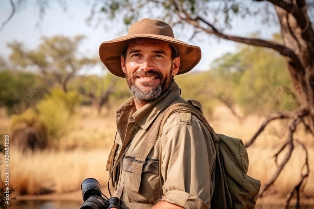 Handsome hunter with binoculars in the Okavango Delta, Botswana