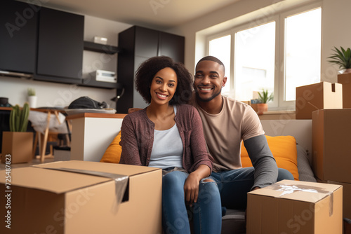 Black couple in the living room of their new house after moving in, surrounded by open moving boxes