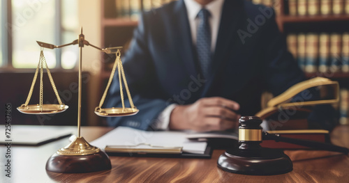 lawyer working in a law firm. In the foreground is a statue of scales, the symbol of justice. The lawyer is working in the background... photo