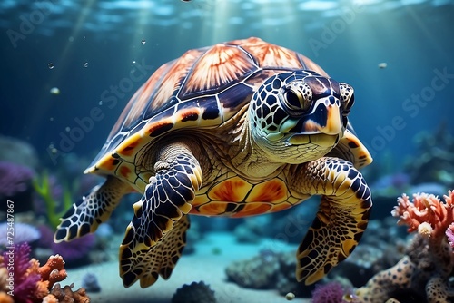 .underwater sea turtle swims red sea. Image for 3d floor. Underwater world. Turtle. corals