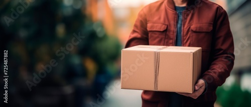 Delivery courier service. smiling delivery man in uniform holding a cardboard box delivering to customer home., horizontal background, copy space for text  photo