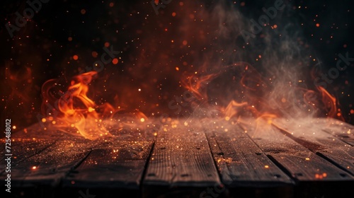 wooden table with Fire burning at the edge of the table, fire particles, sparks, and smoke in the air, with fire flames on a dark background to display products 