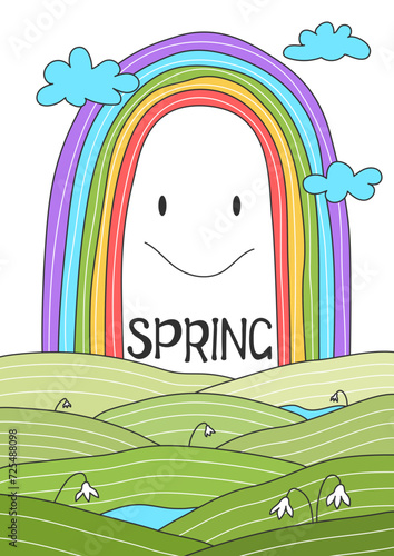 Spring poster. Landscape and rainbow. Groovy style. Cute cartoon banner. Vector illustration.