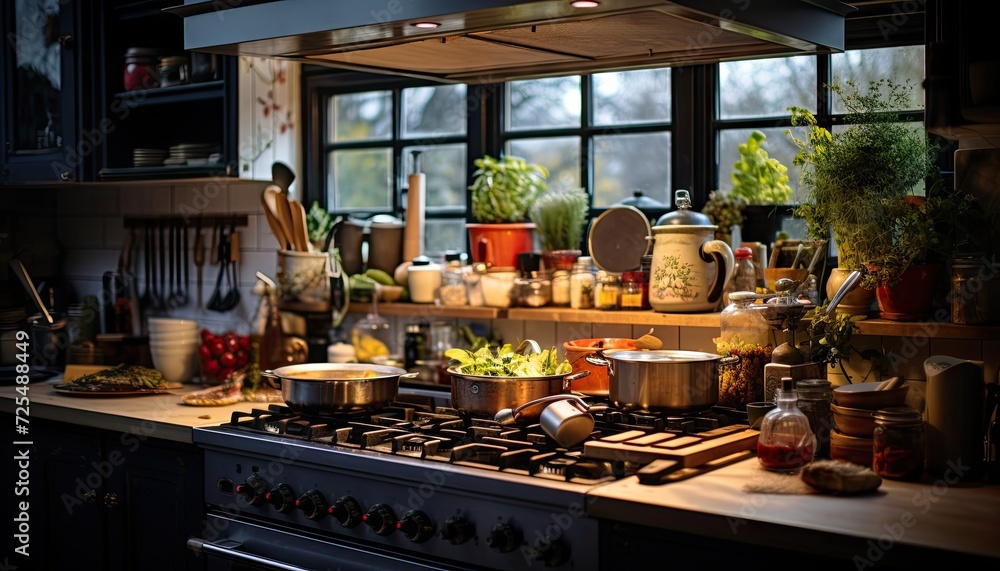 A Kitchen Filled With Pots and Pans of Food A Kitchen Filled With Pots and Pans of Food