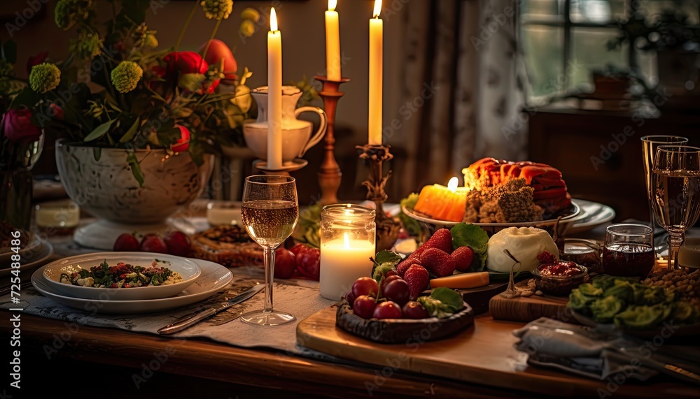 Table With Plates of Food and Candles Table With Plates of Food and Candles