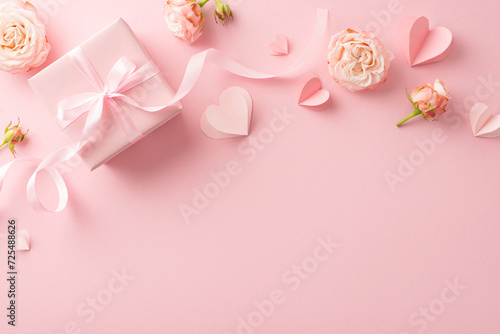 Shower your glam queen with love! Top view capture of radiant peony roses, heart symbols, and an elegantly packaged gift on a serene pastel pink background. Ideal for your Women's Day dedication photo
