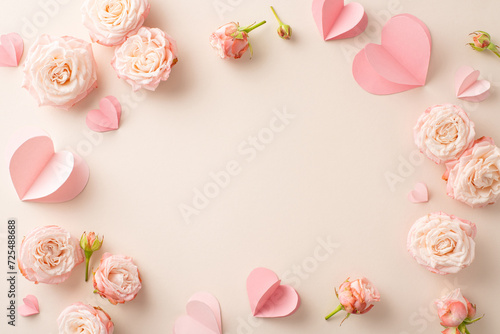 Make Women's Day special for your darling! Admire this top view picture of blossoming peonies and adorable hearts on pastel beige backdrop. Add your personal touch or advertisement in available space
