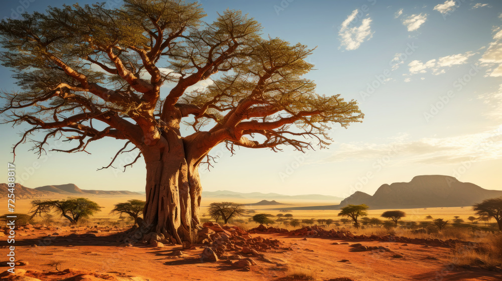 Close-up of a baobab tree against a desert background. Scorching heat, sunshine. Desert landscape. Generative AI Close-up of a baobab tree against a desert background. Scorching heat, sunshine. Desert landscape. Generative AI