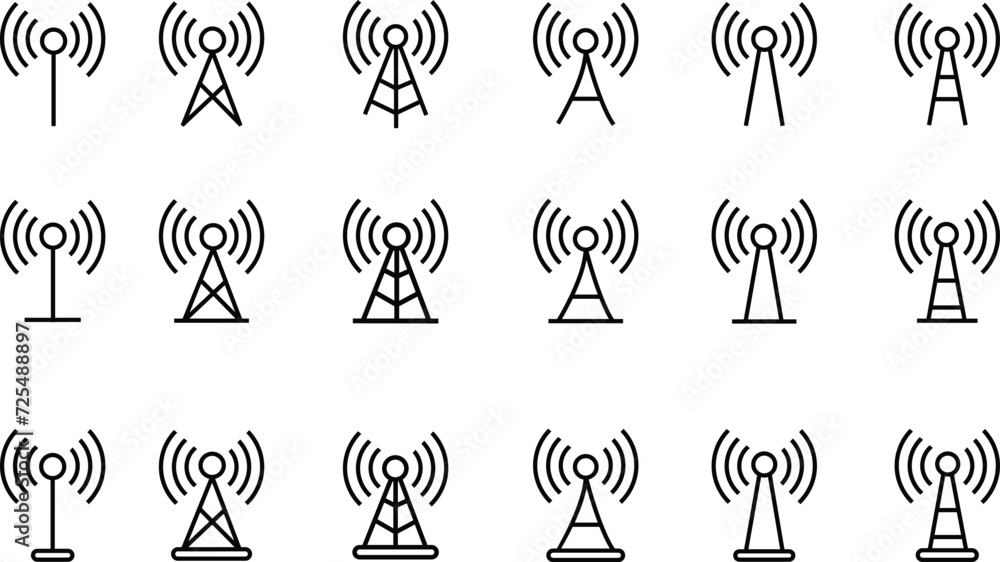 Antenna line icon set. Radio antenna black linear vector isolated on ...