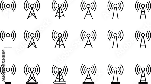 Antenna line icon set. Radio antenna black linear vector isolated on transparent background. Radio tower. Communication towers outline collection. Transmitter receiver wireless signal. Easily editable