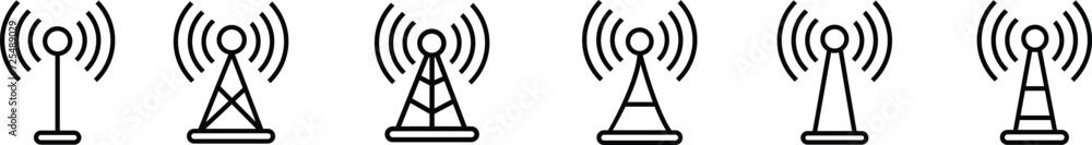 Antenna line icon set. Radio antenna black linear vector isolated on transparent background. Radio tower. Communication towers outline collection. Transmitter receiver wireless signal. Easily editable Antenna line icon set. Radio antenna black linear vector isolated on transparent background. Radio tower. Communication towers outline collection. Transmitter receiver wireless signal. Easily editable