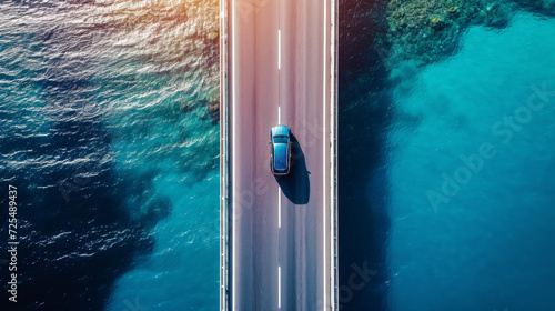 Aerial view of car driving on asphalt highway road near the ocean. Sun shine. Travel concept. Generative AI photo