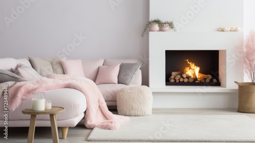 White sofa with pink pillows and fur and woolen blankets near fireplace. Scandinavian hygge home interior design of modern living room © Usman