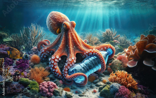 An octopus at the bottom of the ocean, near the reef holding a bottle in its tentacles