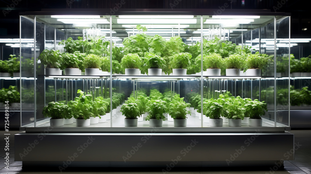 Modern hydroponic lettuce farming of lettuce in a glasshouse with controlled lighting, showcasing sustainable agriculture technology.