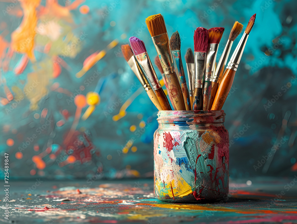 Paint Brushes jar. Brushes in paint in a jar on the table. creative atmosphere, artistic material Paint Brushes jar. Brushes in paint in a jar on the table. creative atmosphere, artistic material