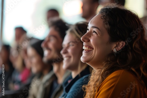 Close-up picture showcases the happiness and laughter of staff or participants during a startup business presentation