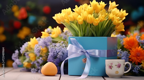 Happy Womens Day, 8 March gift. Woman found greeting card with pot of blooming spring yellow blue flowers at home. Tulips, hyacinths, muscari as present for holiday