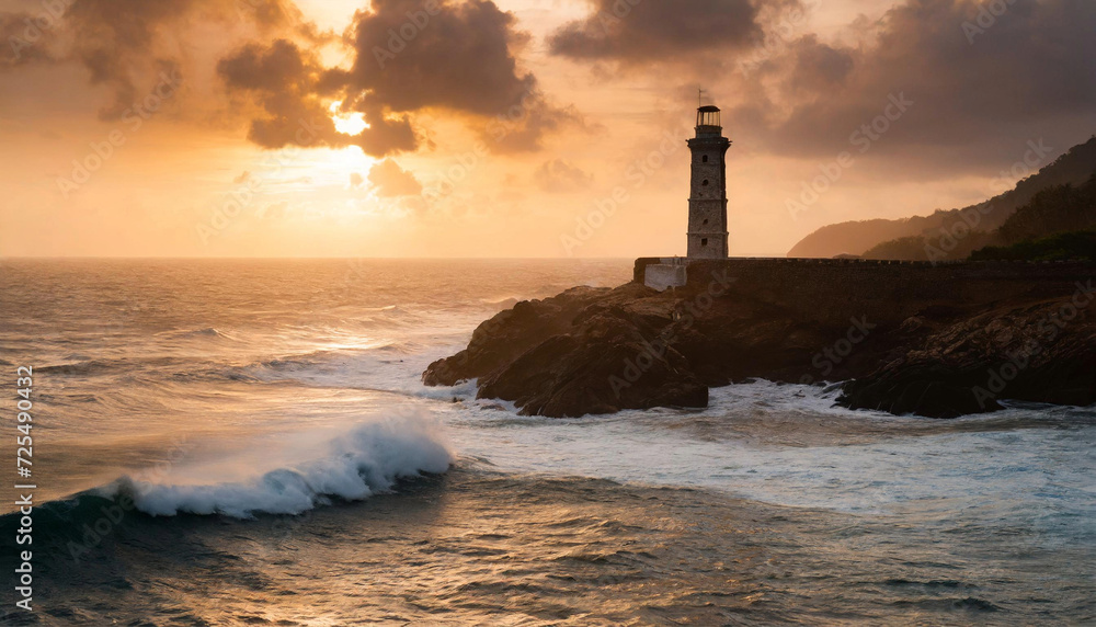 Lighthouse on the rocks beaten by ocean waters in the middle of the ocean at sunset