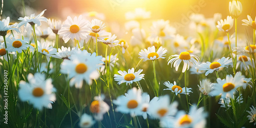 daisy flower on the field, a full field of daisies with a sky and sun behind them, 