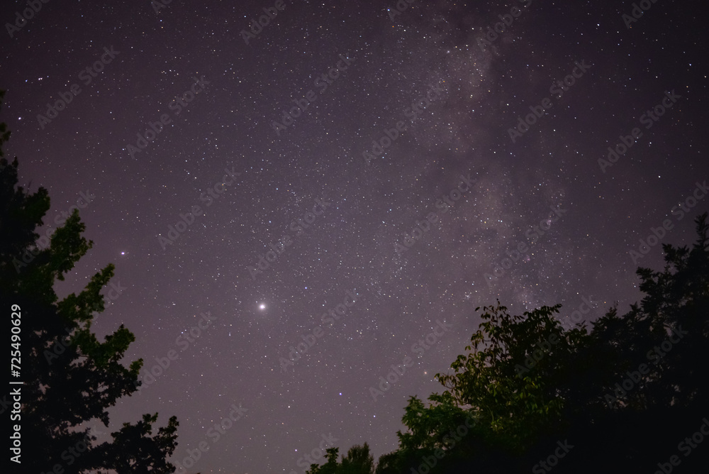 Planets Jupiter and Saturn on summer night sky with milky way galaxy shining trough millions of stars 