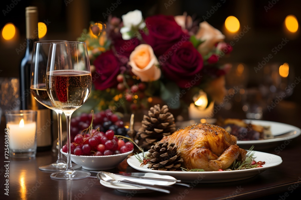 Festive table setting for Christmas or Thanksgiving dinner with roasted turkey, wine and flowers.