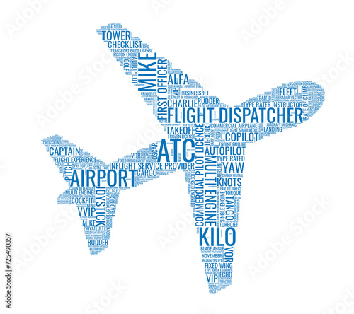 Vector illustration word text cloud of aviation phrases form airplane icon