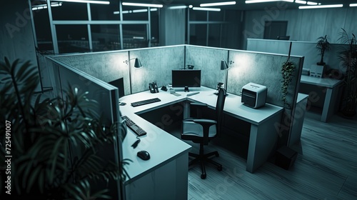 A contemporary office cubicle with modern equipment, bathed in the cool glow of overhead lighting during nighttime hours.