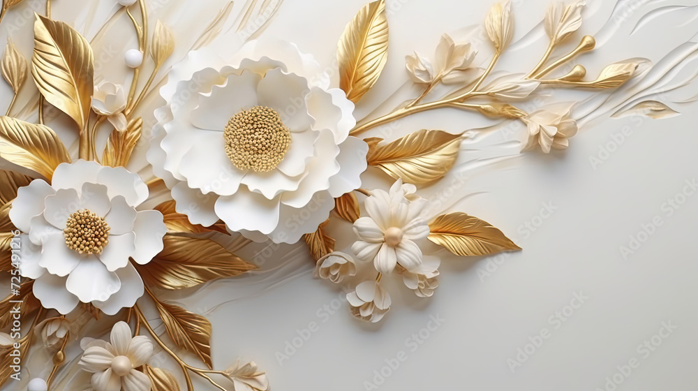 gold and white flowers on a white marble stone. for celebrations, events, or any premium design that requires a touch of class. gold and white flowers on a white marble stone. for celebrations, events, or any premium design that requires a touch of class.