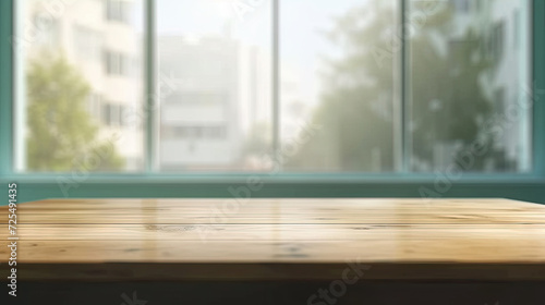 empty wooden table with blurred office  background  for display or montage your products.