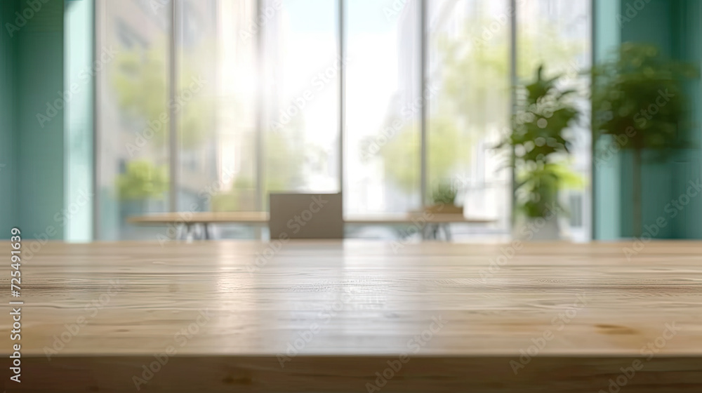 empty wooden table with blurred office  background, for display or montage your products. - obrazy, fototapety, plakaty 